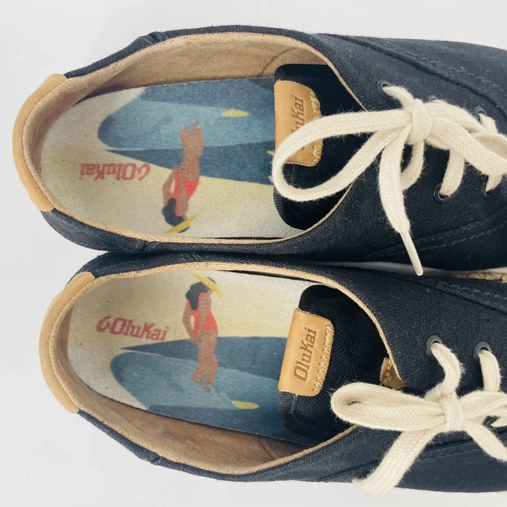 Olukai Kaula Pa'a Li Black Espadrille Sneakers Lace Up Shoes Women US 11 EU 41